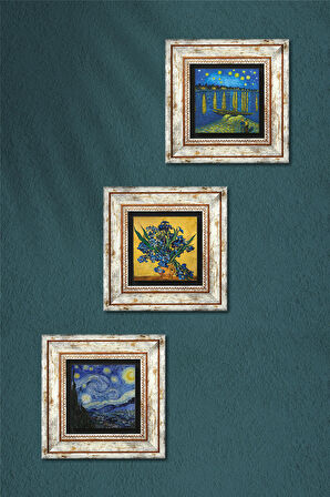 Van Gogh Ren Nehri, Süsenler, Yıldızlı Gece Taş Duvar Tablosu Çerçeveli Duvar Dekoru 3 Parça Tablo Seti Wall Art