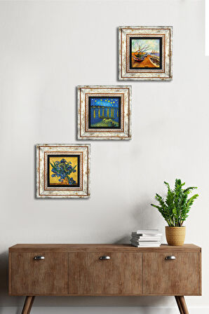 Van Gogh Ren Nehri, Süsenler, Balıkçı Tekneleri Taş Duvar Tablosu Çerçeveli Duvar Dekoru 3 Parça Tablo Seti Wall Art