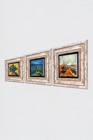 Van Gogh Ren Nehri, Süsenler, Balıkçı Tekneleri Taş Duvar Tablosu Çerçeveli Duvar Dekoru 3 Parça Tablo Seti Wall Art