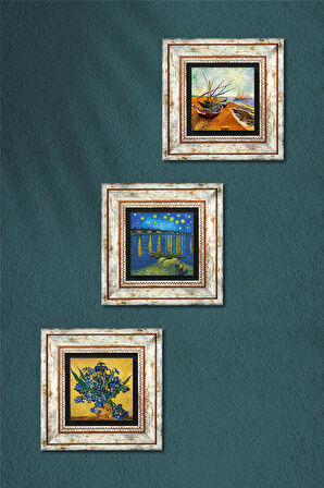 Van Gogh Ren Nehri, Süsenler, Balıkçı Tekneleri Taş Duvar Tablosu Çerçeveli Duvar Dekoru 3 Parça Tablo Seti Wall Art
