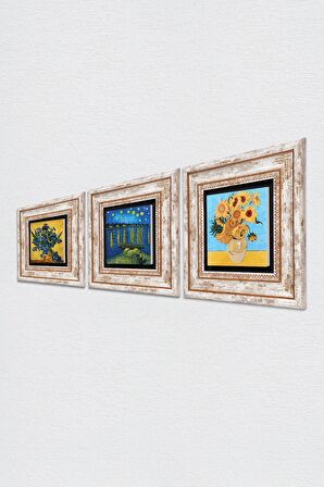 Van Gogh Taş Duvar Tablosu Çerçeveli Duvar Dekoru 3 Parça Tablo Seti Wall Art