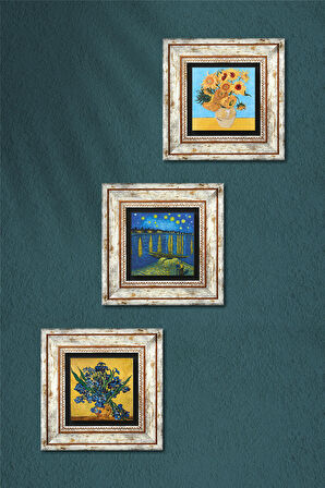 Van Gogh Taş Duvar Tablosu Çerçeveli Duvar Dekoru 3 Parça Tablo Seti Wall Art