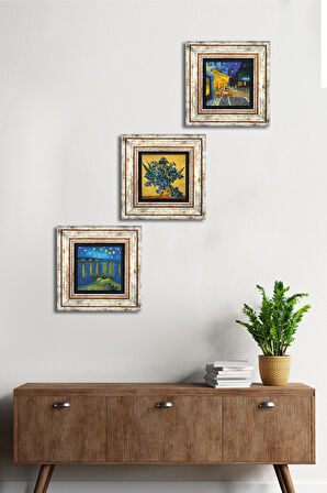 Van Gogh Ren Nehri, Süsenler, Kafe Terasta Gece Taş Duvar Tablosu Çerçeveli Duvar Dekoru 3 Parça Tablo Seti Wall Art