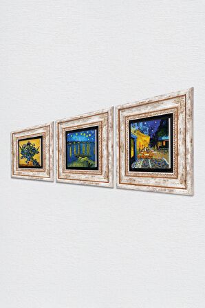 Van Gogh Ren Nehri, Süsenler, Kafe Terasta Gece Taş Duvar Tablosu Çerçeveli Duvar Dekoru 3 Parça Tablo Seti Wall Art