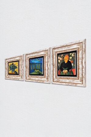 Van Gogh Ren Nehri, Süsenler, La Berceuse Taş Duvar Tablosu Çerçeveli Duvar Dekoru 3 Parça Tablo Seti Wall Art