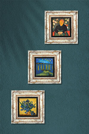 Van Gogh Ren Nehri, Süsenler, La Berceuse Taş Duvar Tablosu Çerçeveli Duvar Dekoru 3 Parça Tablo Seti Wall Art