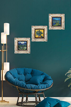 Van Gogh Zeytin Ağaçları, Ren Nehri, Süsenler Taş Duvar Tablosu Çerçeveli Duvar Dekoru 3 Parça Tablo Seti Wall Art