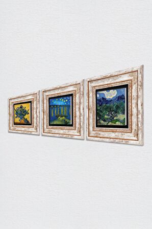 Van Gogh Zeytin Ağaçları, Ren Nehri, Süsenler Taş Duvar Tablosu Çerçeveli Duvar Dekoru 3 Parça Tablo Seti Wall Art