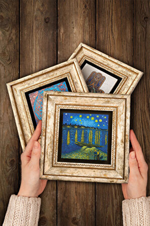 Van Gogh Zeytin Ağaçları, Ren Nehri, Süsenler Taş Duvar Tablosu Çerçeveli Duvar Dekoru 3 Parça Tablo Seti Wall Art