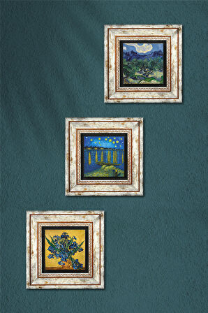 Van Gogh Zeytin Ağaçları, Ren Nehri, Süsenler Taş Duvar Tablosu Çerçeveli Duvar Dekoru 3 Parça Tablo Seti Wall Art