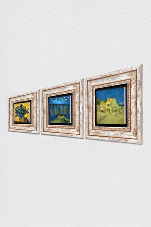 Van Gogh Sarı Ev, Ren Nehri’nde Yıldızlı Bir Gece, Süsenler Taş Duvar Tablosu Çerçeveli Duvar Dekoru 3 Parça Tablo Seti Wall Art