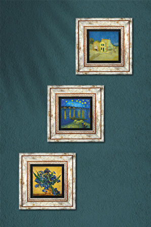Van Gogh Sarı Ev, Ren Nehri’nde Yıldızlı Bir Gece, Süsenler Taş Duvar Tablosu Çerçeveli Duvar Dekoru 3 Parça Tablo Seti Wall Art