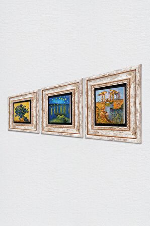 Van Gogh Taş Duvar Tablosu Çerçeveli Duvar Dekoru 3 Parça Tablo Seti Wall Art