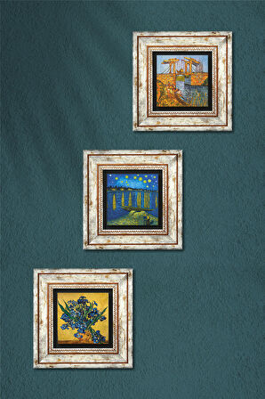Van Gogh Taş Duvar Tablosu Çerçeveli Duvar Dekoru 3 Parça Tablo Seti Wall Art