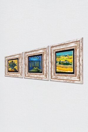 Van Gogh Taş Duvar Tablosu Çerçeveli Duvar Dekoru 3 Parça Tablo Seti Wall Art