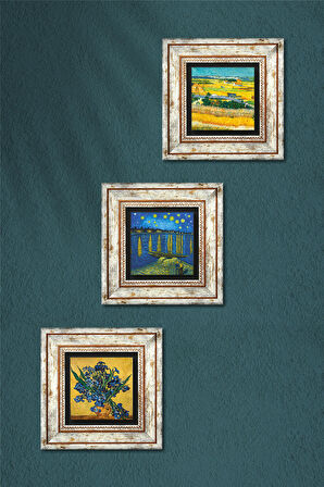 Van Gogh Taş Duvar Tablosu Çerçeveli Duvar Dekoru 3 Parça Tablo Seti Wall Art