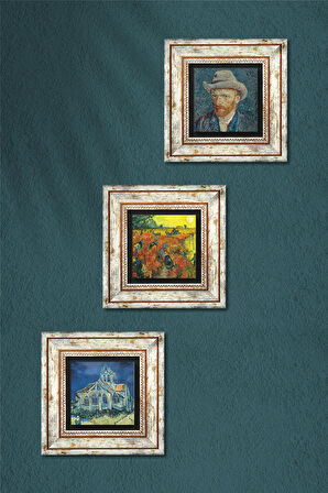 Van Gogh Kilise, Kırmızı Bağ, Otoportre Taş Duvar Tablosu Çerçeveli Duvar Dekoru 3 Parça Tablo Seti Wall Art