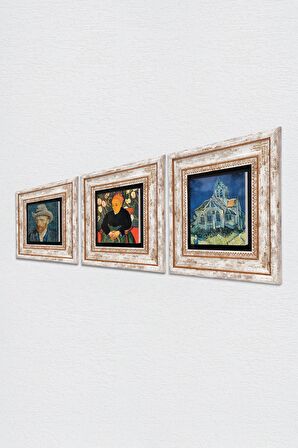 Van Gogh Auvers'deki Kilise, La Berceuse, Otoportre Taş Duvar Tablosu Çerçeveli Duvar Dekoru 3 Parça Tablo Seti Wall Art