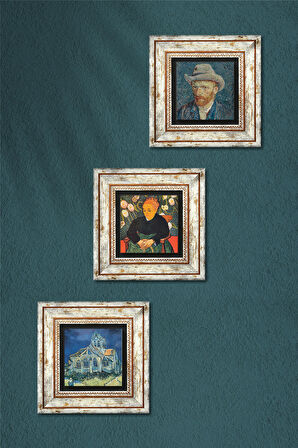 Van Gogh Auvers'deki Kilise, La Berceuse, Otoportre Taş Duvar Tablosu Çerçeveli Duvar Dekoru 3 Parça Tablo Seti Wall Art