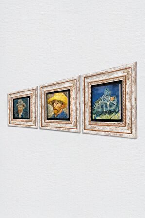 Van Gogh Kilise, Hasır Şapkalı Otoportre, Otoportre Taş Duvar Tablosu Çerçeveli Duvar Dekoru 3 Parça Tablo Seti Wall Art