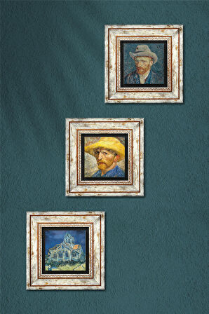 Van Gogh Kilise, Hasır Şapkalı Otoportre, Otoportre Taş Duvar Tablosu Çerçeveli Duvar Dekoru 3 Parça Tablo Seti Wall Art