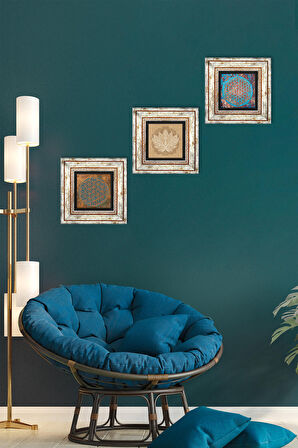 Yaşam Çiçeği, Lotus Çiçeği Taş Duvar Tablosu Çerçeveli Duvar Dekoru 3 Parça Tablo Seti Wall Art