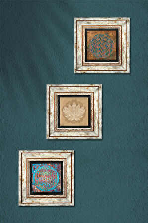 Yaşam Çiçeği, Lotus Çiçeği Taş Duvar Tablosu Çerçeveli Duvar Dekoru 3 Parça Tablo Seti Wall Art
