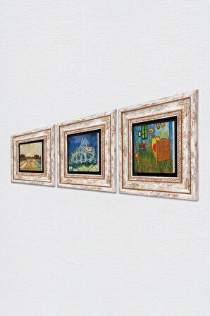 Van Gogh Taş Duvar Tablosu Çerçeveli Duvar Dekoru 3 Parça Tablo Seti Wall Art