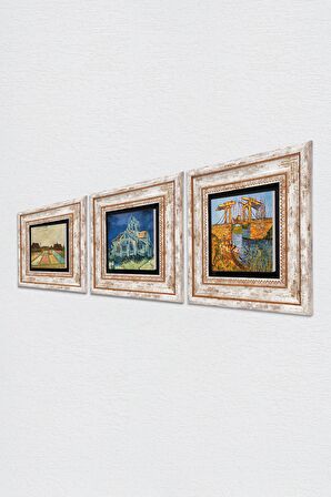 Van Gogh Taş Duvar Tablosu Çerçeveli Duvar Dekoru 3 Parça Tablo Seti Wall Art