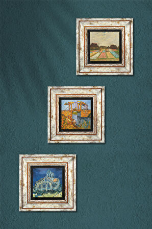 Van Gogh Taş Duvar Tablosu Çerçeveli Duvar Dekoru 3 Parça Tablo Seti Wall Art