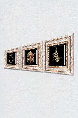 Osmanlı Tuğrası, Ay Yıldız Taş Duvar Tablosu Çerçeveli Duvar Dekoru 3 Parça Tablo Seti Wall Art