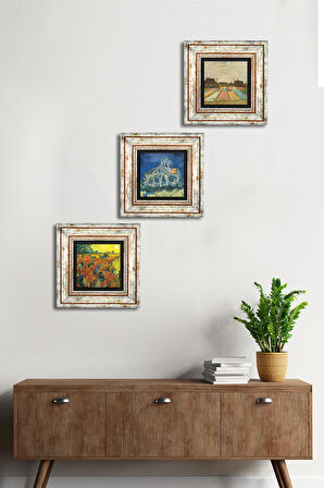 Van Gogh Taş Duvar Tablosu Çerçeveli Duvar Dekoru 3 Parça Tablo Seti Wall Art