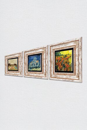Van Gogh Taş Duvar Tablosu Çerçeveli Duvar Dekoru 3 Parça Tablo Seti Wall Art