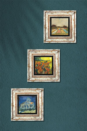 Van Gogh Taş Duvar Tablosu Çerçeveli Duvar Dekoru 3 Parça Tablo Seti Wall Art