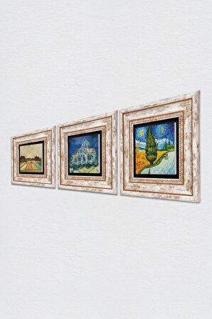 Van Gogh Taş Duvar Tablosu Çerçeveli Duvar Dekoru 3 Parça Tablo Seti Wall Art