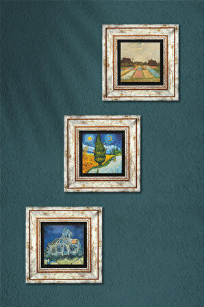 Van Gogh Taş Duvar Tablosu Çerçeveli Duvar Dekoru 3 Parça Tablo Seti Wall Art