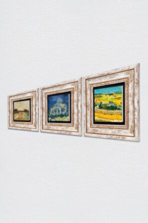 Van Gogh Taş Duvar Tablosu Çerçeveli Duvar Dekoru 3 Parça Tablo Seti Wall Art
