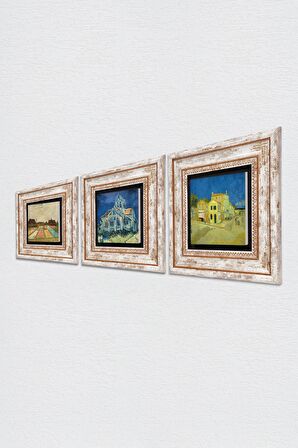 Van Gogh Sarı Ev, Kilise, Hollanda'da Lale Tarlaları Taş Duvar Tablosu Çerçeveli Duvar Dekoru 3 Parça Tablo Seti Wall Art
