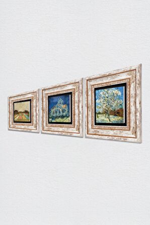Van Gogh Taş Duvar Tablosu Çerçeveli Duvar Dekoru 3 Parça Tablo Seti Wall Art