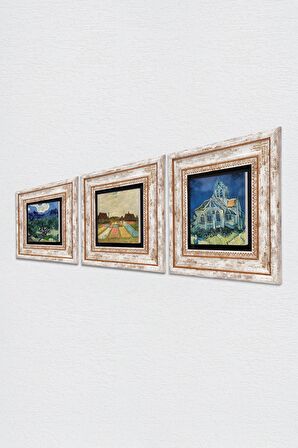 Van Gogh Zeytin Ağaçları, Kilise, Lale Tarlaları Taş Duvar Tablosu Çerçeveli Duvar Dekoru 3 Parça Tablo Seti Wall Art