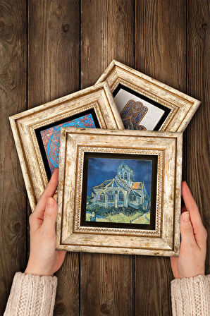 Van Gogh Zeytin Ağaçları, Kilise, Lale Tarlaları Taş Duvar Tablosu Çerçeveli Duvar Dekoru 3 Parça Tablo Seti Wall Art
