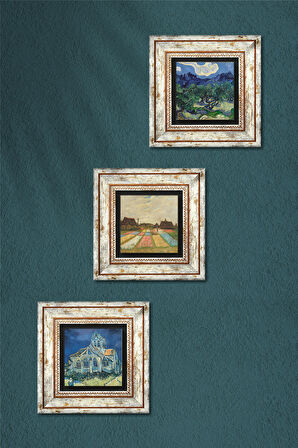Van Gogh Zeytin Ağaçları, Kilise, Lale Tarlaları Taş Duvar Tablosu Çerçeveli Duvar Dekoru 3 Parça Tablo Seti Wall Art