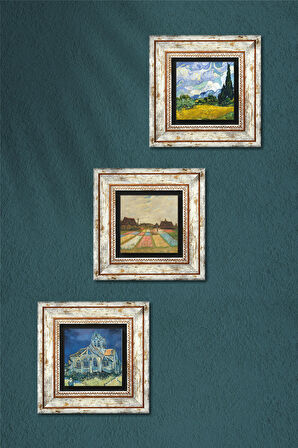 Van Gogh Taş Duvar Tablosu Çerçeveli Duvar Dekoru 3 Parça Tablo Seti Wall Art