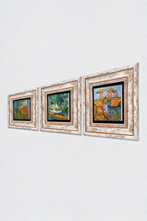 Van Gogh Taş Duvar Tablosu Çerçeveli Duvar Dekoru 3 Parça Tablo Seti Wall Art