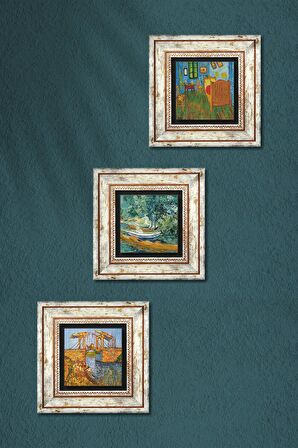 Van Gogh Taş Duvar Tablosu Çerçeveli Duvar Dekoru 3 Parça Tablo Seti Wall Art