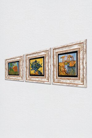 Van Gogh Süsenler, Yatak Odası, Langlois Köprüsü Taş Duvar Tablosu Çerçeveli Duvar Dekoru 3 Parça Tablo Seti Wall Art