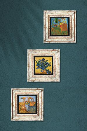 Van Gogh Süsenler, Yatak Odası, Langlois Köprüsü Taş Duvar Tablosu Çerçeveli Duvar Dekoru 3 Parça Tablo Seti Wall Art