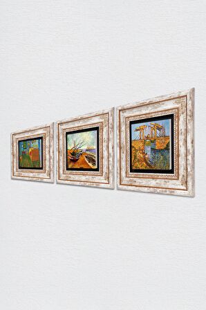 Van Gogh Taş Duvar Tablosu Çerçeveli Duvar Dekoru 3 Parça Tablo Seti Wall Art