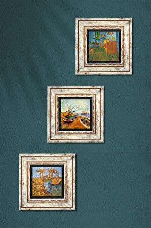 Van Gogh Taş Duvar Tablosu Çerçeveli Duvar Dekoru 3 Parça Tablo Seti Wall Art