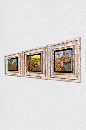 Van Gogh Taş Duvar Tablosu Çerçeveli Duvar Dekoru 3 Parça Tablo Seti Wall Art